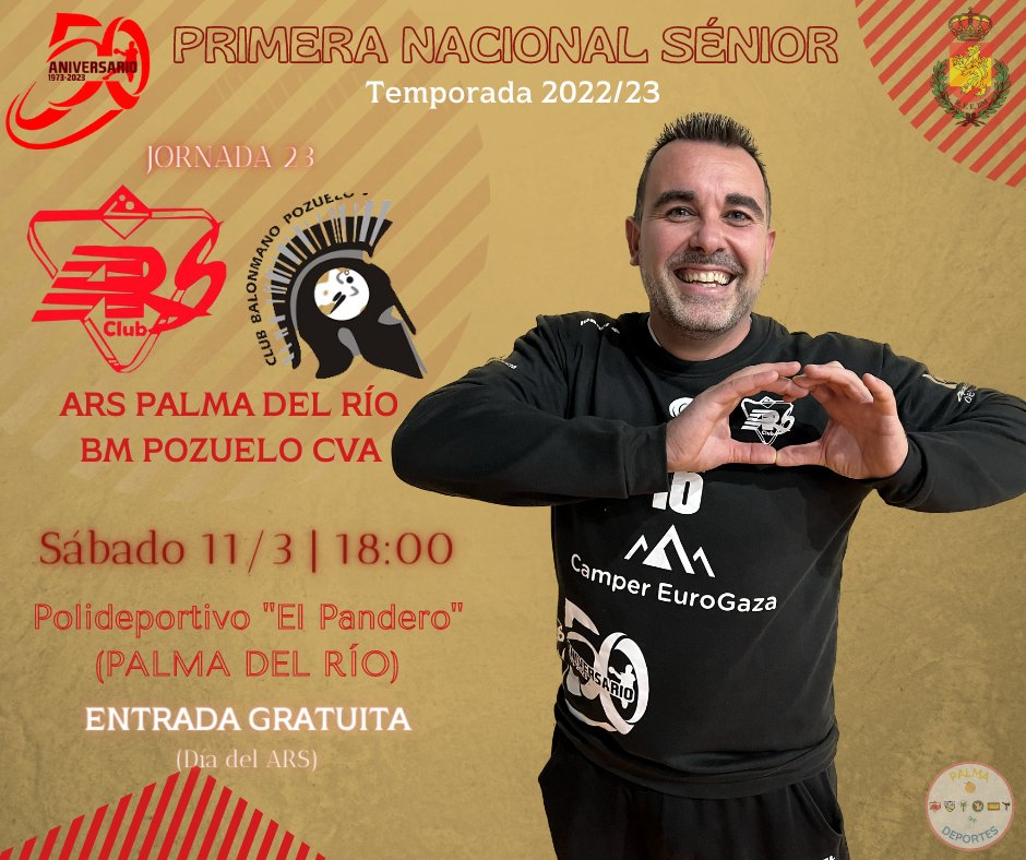palmadeporte's tweet photo. 🤾🏼‍♂️❤️🖤 Balonmano | ¡El @arspalmadelrio celebra su día en el encuentro frente a @BMPozueloCva!

50 años de historia para el club palmeño, que ofrece a sus aficionados la posibilidad de disfrutar del conjunto de #JesúsDíaz de forma gratuita‼️

👀¿Te lo vas a perder?

#palmadeportes https://t.co/QnIn5JYls4