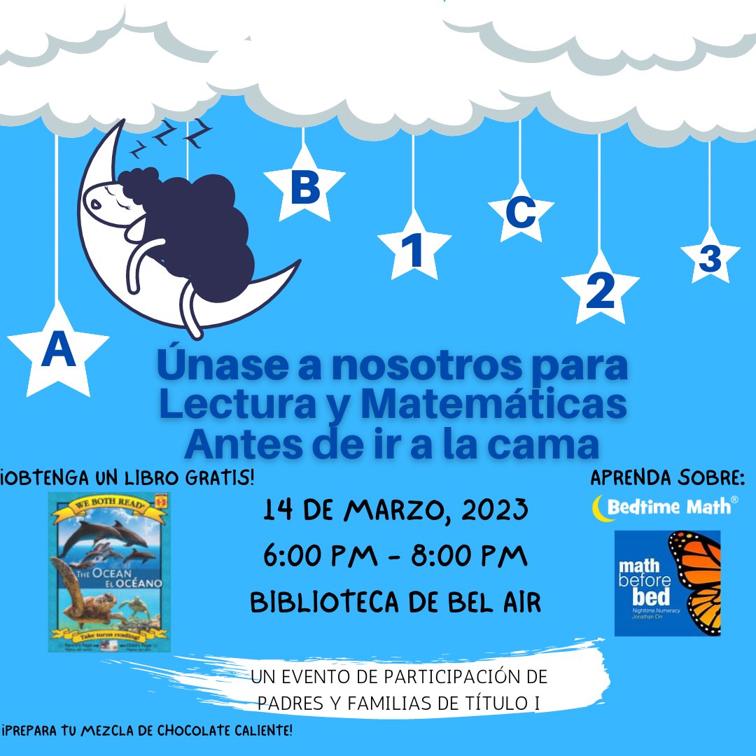Join the Title I team in the library for our Reading and Math Before Bed event during Bel Air's Global Night on March 14.  We will be learning about two cool websites to use for math and each student will get a 📚! #BAESShines @Bel_Air_ES