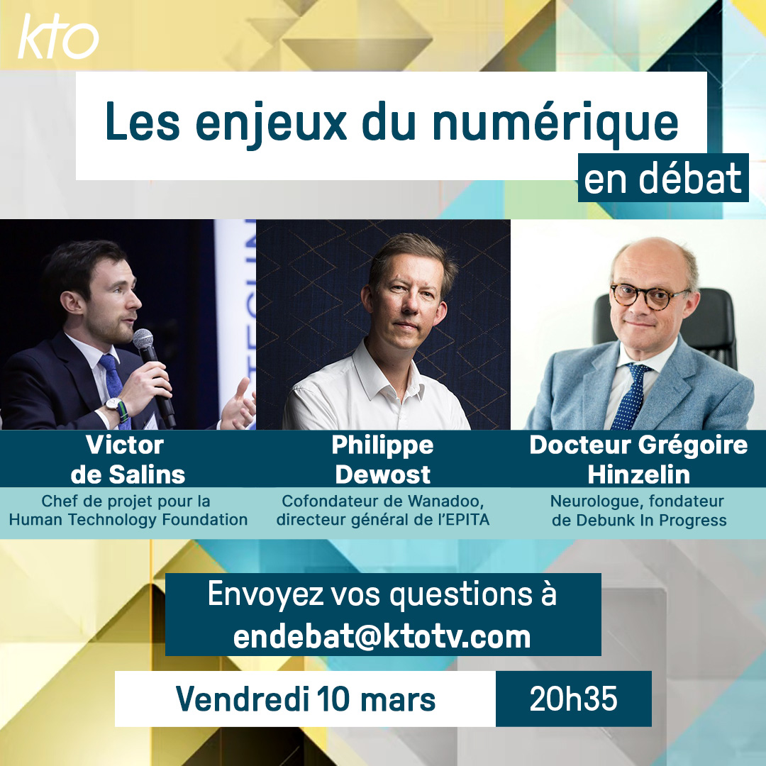 KTOTV's tweet photo. #EnDébat Le numérique bouleverse vos vies ? Les technologies émergentes vous interrogent ? Quel est leur impact sur l'homme et votre quotidien ?

🗨Envoyez vos questions sur https://t.co/AMISmBBYlz

🔴Et rdv en direct ce vendredi à 20h35 sur KTO et https://t.co/p83W928EBA https://t.co/gy2S9gp0yq