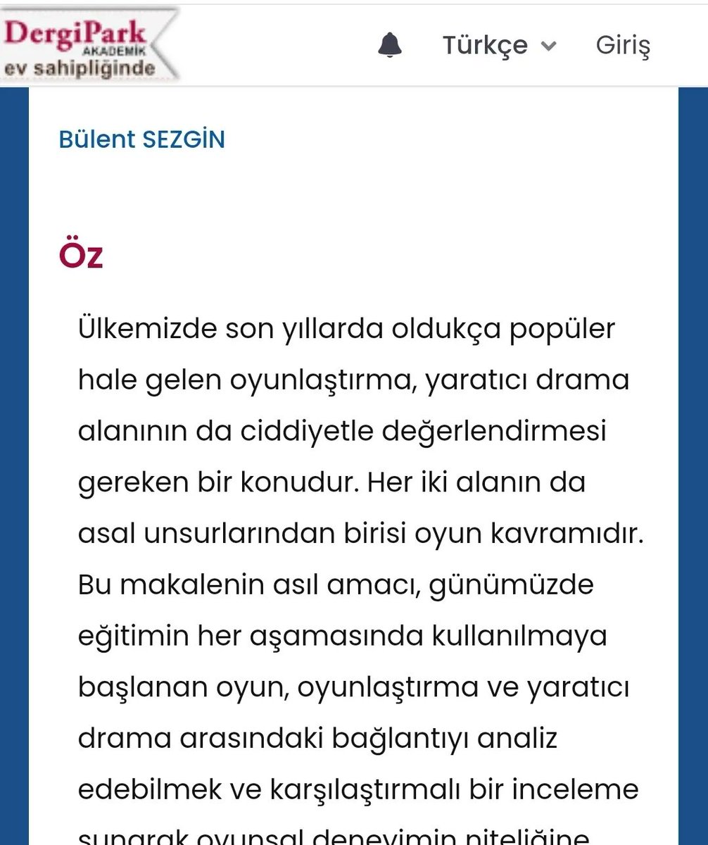 Alana katkı sunmaya devam. Ülkemizdeki en önemli alan dergisi Çağdaş Drama Derneği Yaratıcı Drama'nın son sayısında, Oyun, Oyunlaştırma ve Yaratıcı Dramadaki Oyunsal Ögelerin Karşılaştırmalı Eleştirel İncelenmesini yazdım. Makalenin sahadaki eğitmenlere katkı sunmasını dilerim.