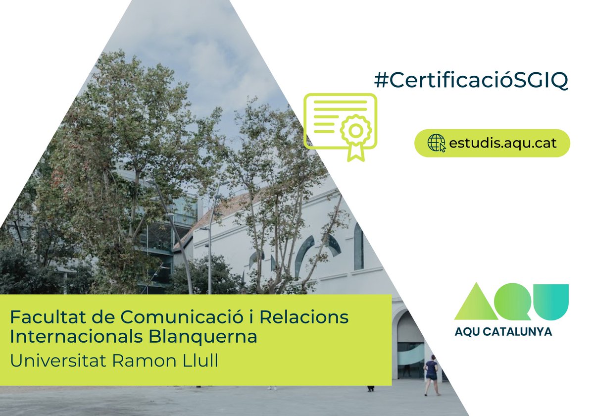 aqucatalunya's tweet photo. ✅ Certifiquem el #SIGQ de la Facultat de Comunicació i Relacions Internacionals Blanquerna de la Universitat ramon Llull 👉 https://t.co/Oskc4JkJiQ
Enhorabona @BlanquernaFCRI @uramonllull
Per a més informació sobre la qualitat dels estudis, visiteu 👉 https://t.co/8LqYUg3zXw https://t.co/fDnietNN35