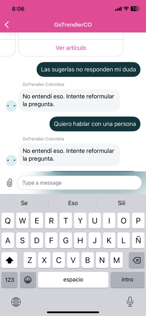 diani_pa's tweet photo. @GoTrendierco servicio al cliente pésimo! Definitivamente no puedo con asistentes virtuales😡 https://t.co/PJdAOWOkZy