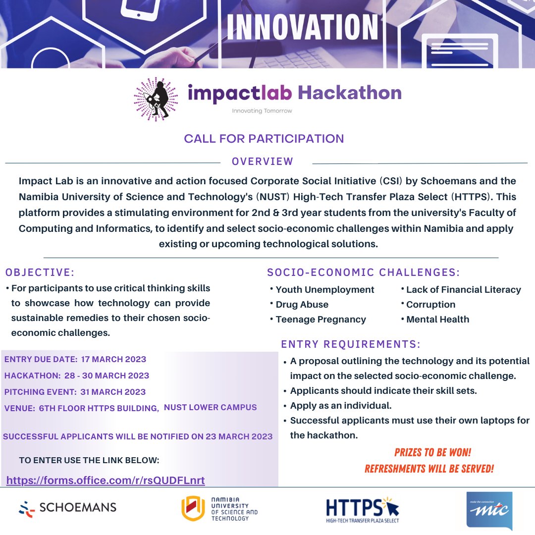 SchoemansGroup's tweet photo. Schoemans in partnership with the Namibia University of Science and Technology (NUST), & @MTCNamibia presents an opportunity for innovation. Welcome to the Hackathon.
Follow the link to register: https://t.co/UKHlKhZ7VY
#MTCnamibia #Hackathon #Innovation https://t.co/dpBy8ooYnY