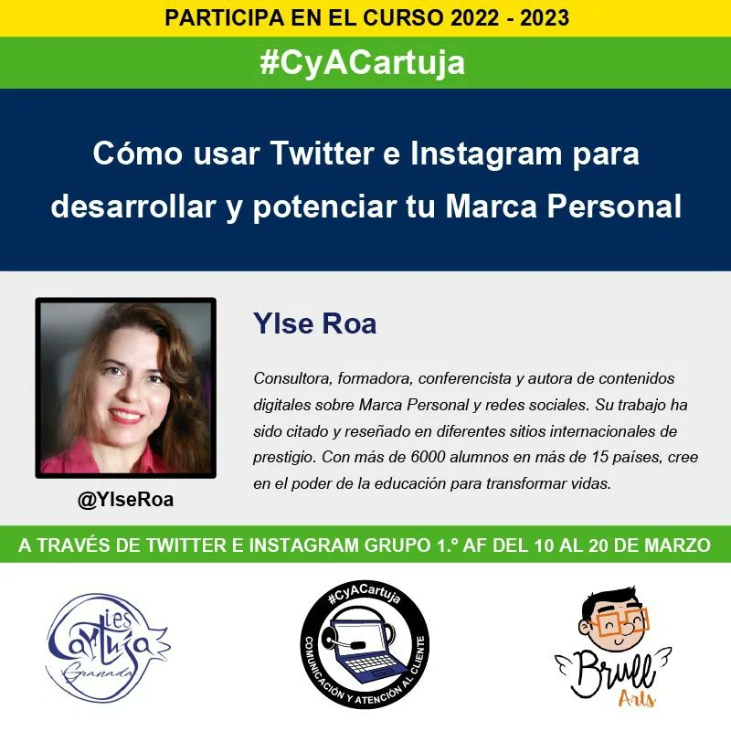 🥳¡Ha llegado el día!

🚀Desde hoy y hasta el 20 de marzo estaré colaborando con mi amigo <a href="/Jmalex/">José Miguel García P</a> en su valioso proyecto educativo #CyACartuja 

Aplicaremos alguna estrategias para desarrollar y potenciar nuestra #MarcaPersonal utilizando #Twitter e #Instagram 

#YlseTw
#FP