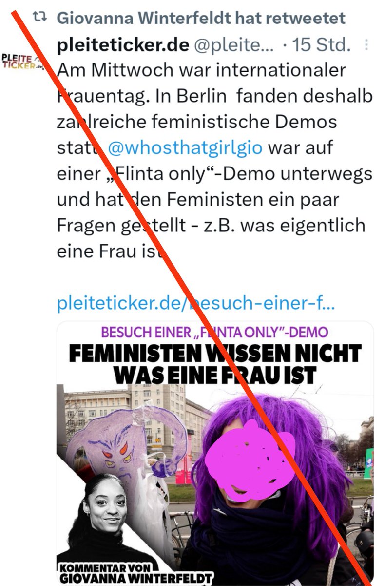 1/ Reaktionär, antifeministisch, rechts: #Friedlichzusammen Giovanna Winterfeldt agiert nun für Julian Reichelt/Rome Medien. Als Reporterin war sie für 'Stimmt! Der Nachrichtentalk' bei feministischer Demo #b0803, um anschließend über ihre Interview-Partner*innen zu spotten.