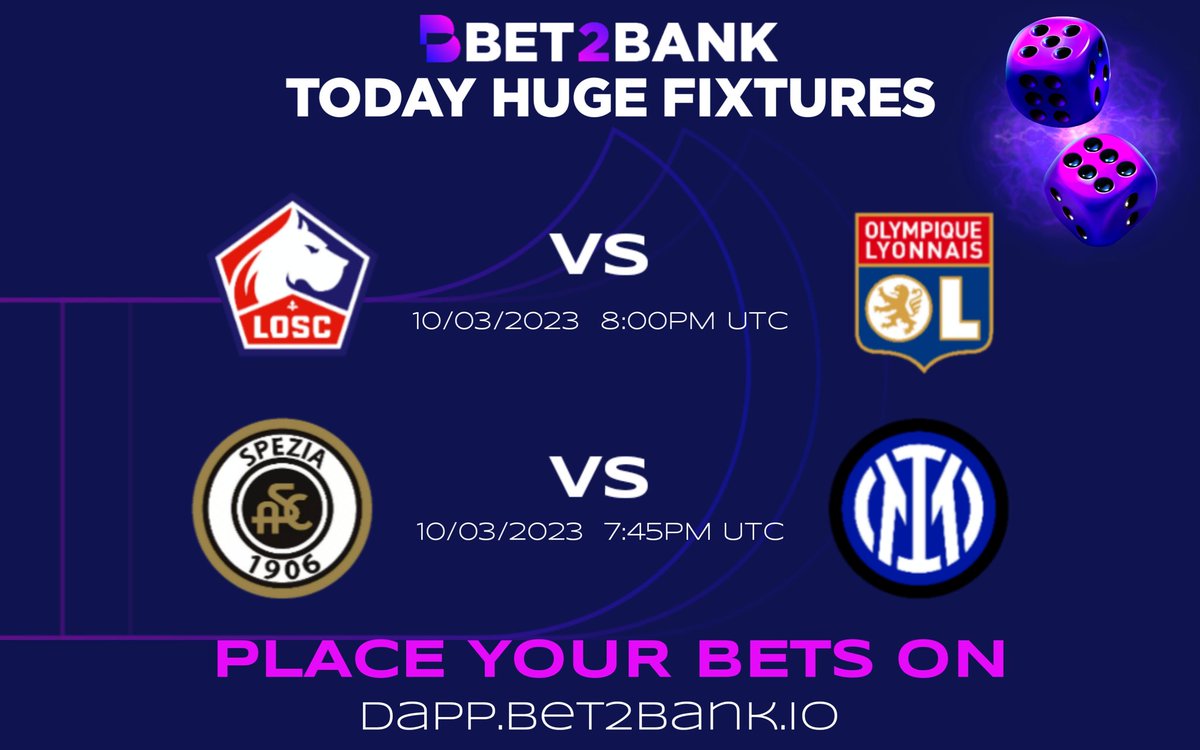 Bet2BankBXB's tweet photo. Today's Spotlight Football Fixtures

•Lille vs Lyon.    

•Spezia vs Inter 

Create or Contest A Bet On The #Bet2Bank P2P dApp!

https://t.co/XX24KneNC4

$BXB #BXB #GambleFi https://t.co/3hhJXt3ta6