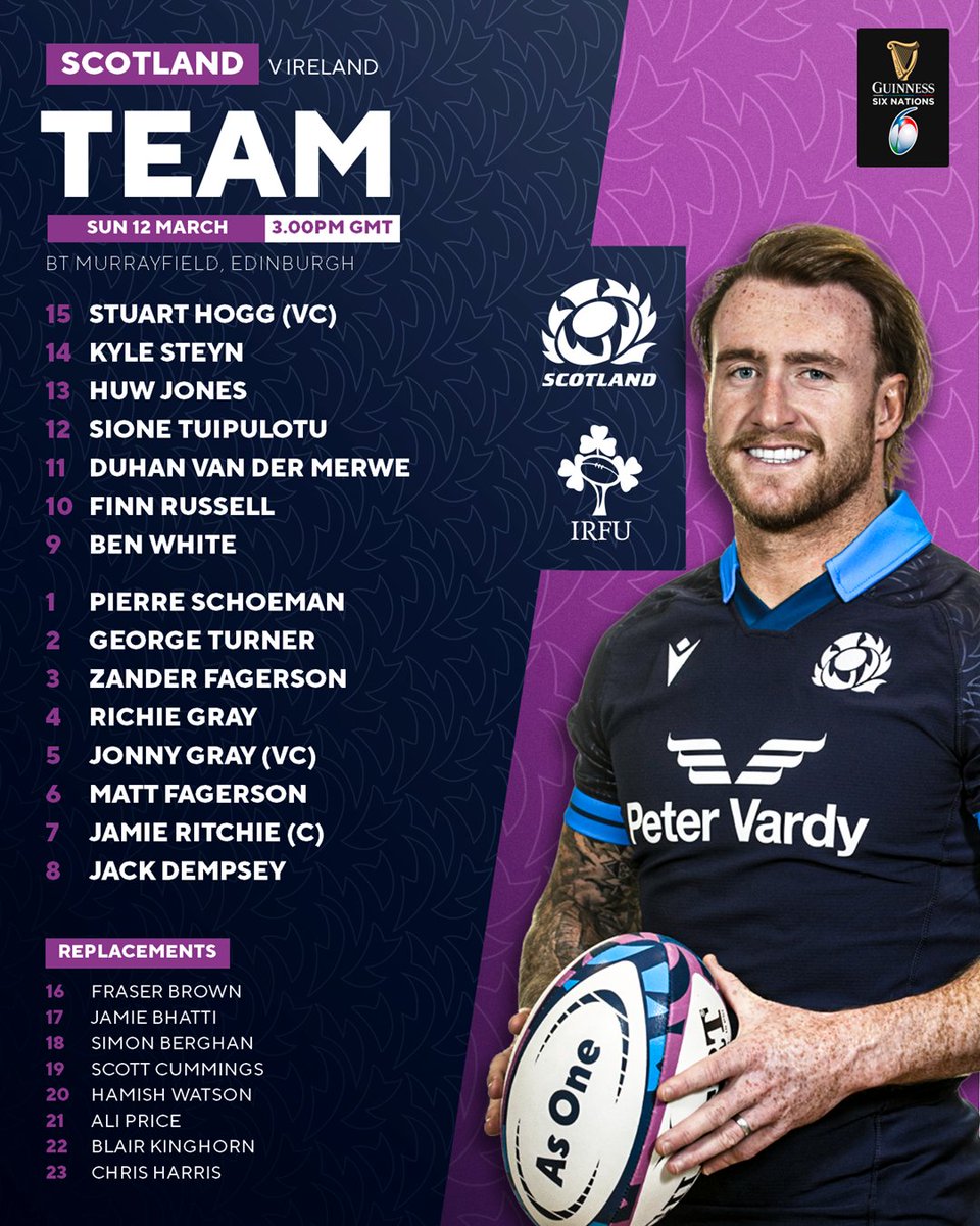 Stuart Hogg will becomes the fourth male - + the fifth player overall - to reach 100 caps for <a href="/Scotlandteam/">Scottish Rugby</a> on Sunday...

J Gray come in as does Dempsey while Berghan, Cummings + Harris are added to the bench