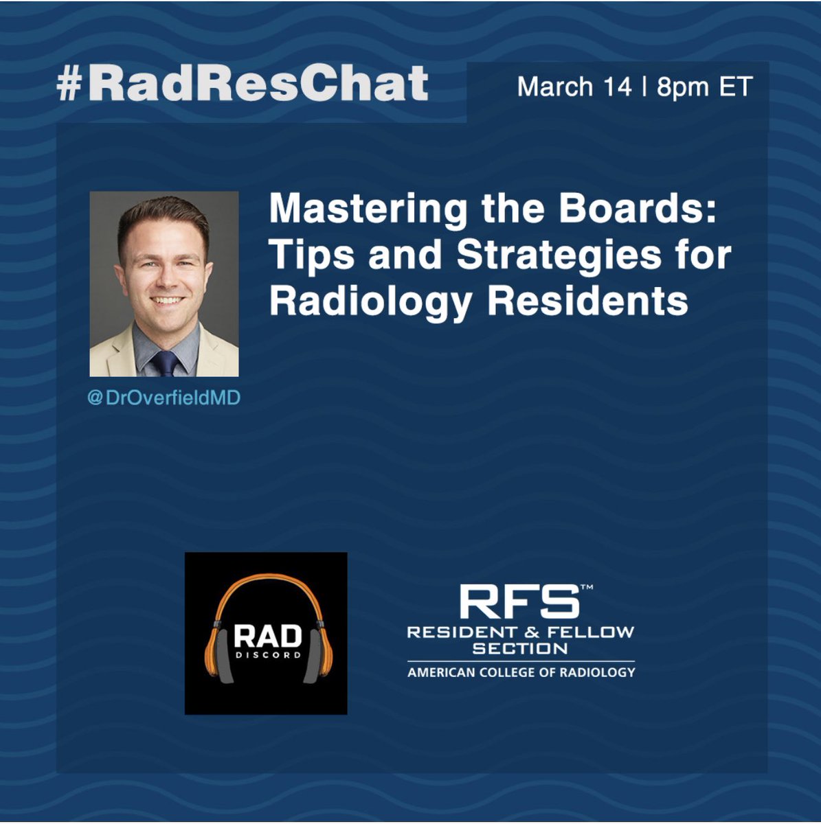 I'm looking forward to moderating the next <a href="/ACRRFS/">ACR RFS - We've Moved! Follow @RadiologyACR.</a> #RadResChat! 

✅ World-class FREE educational resources are available via #RadDiscord

I'll be representing <a href="/RadDiscord/">RadDiscord</a> in a conversation on tips and strategies to help residents ace the boards. Hope you'll join!