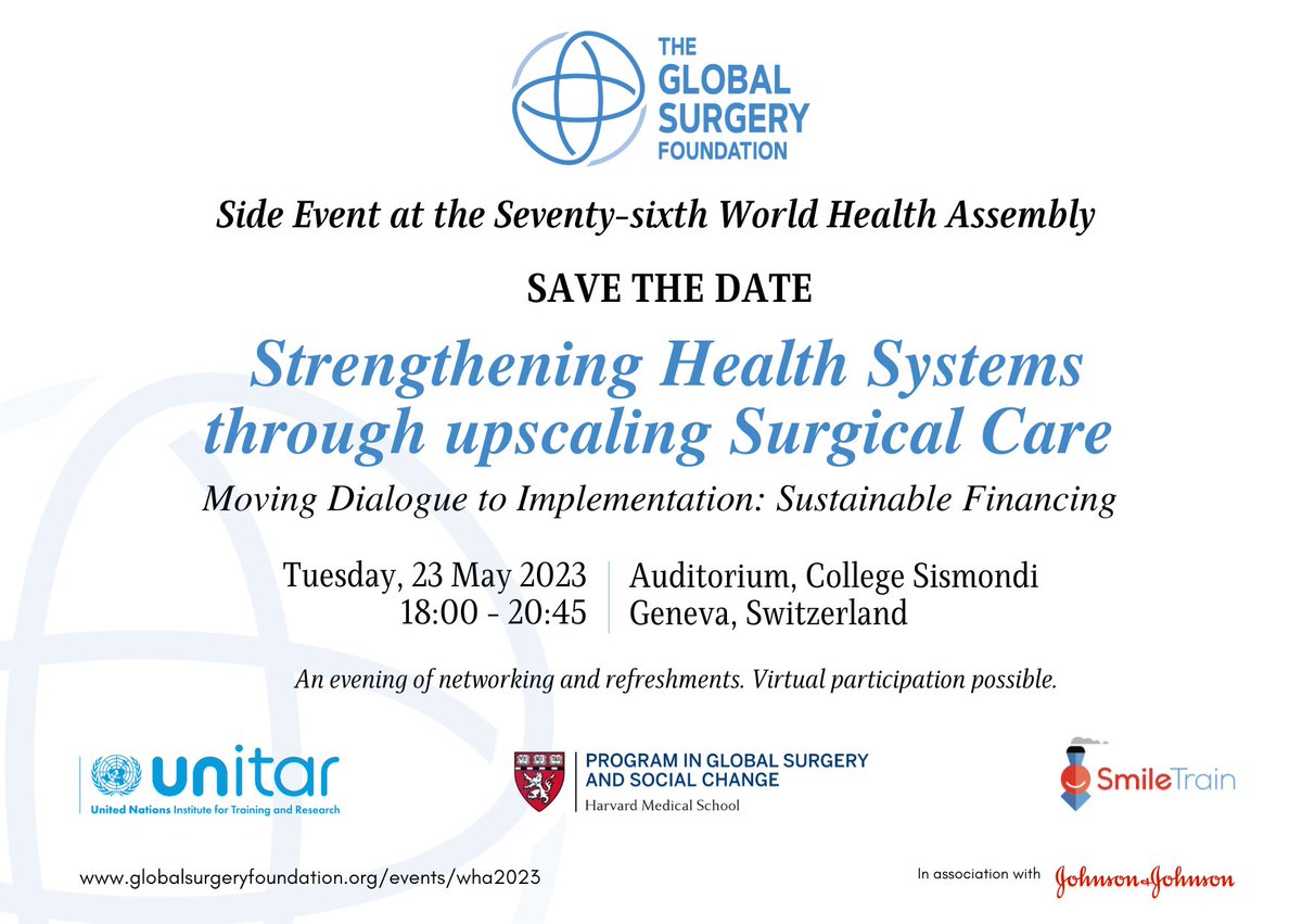 Building upon last year’s highly successful side-event, we are hosting a special event on the margins of the 76th World Health Assembly.

Mark your calendar and don’t miss it.

ℹ️ 23 May at 6pm

More information soon available here:  globalsurgeryfoundation.org/events/wha2023

#GlobalSurgery #WHA76