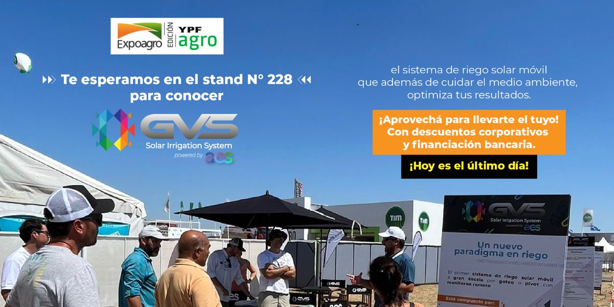 GvsSolar's tweet image. Si aún no descubriste cómo expandir la frontera productiva, aumentar tus rendimientos y reducir costos…

Acercate al stand N°228 de GVS powered by AES en Expoagro.

💦 ➕ 🔅 ➕ 🚜 ➕ 🌱