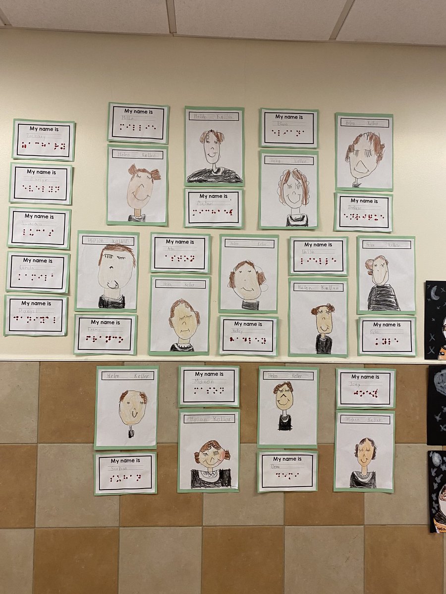 We learned about another important woman for Women’s History month. We read “I am Helen Keller” by <a href="/bradmeltzer/">Brad Meltzer</a> then did a directed drawing and made our names in “braille” with glitter glue! <a href="/AlisonLButler/">Alison Butler</a> <a href="/MrsKirell/">Mrs. Kirell</a> <a href="/NorthSideEW/">North Side School</a> #ewlearns #WomensHistoryMonth