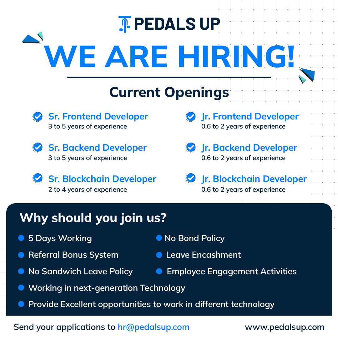 _pedalsup's tweet image. #HIRINGNOW for multiple positions 📣
Looking for folks who love to find solutions to complex digital challenges. If you live and breathe all things tech, we are looking for you! Mail us at hr@pedalsup.com so we can get in touch with you. 🚀

#blockchain #webdevelopment #hiring