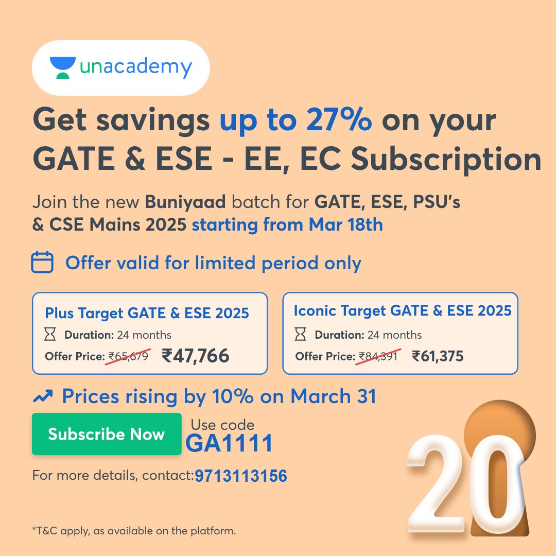gate_academy's tweet image. 👉👉Subscribe Now: unacademy.com/goal/slug/JAQR…
Save Upto 27% on your GATE &amp;amp; ESE- EE &amp;amp; ECE Plus &amp;amp; Iconic Subscriptions of Unacademy Now. Use Code GA1111 to get the maximum discount. Hurry Up! Prices Rising Soon by 10%.