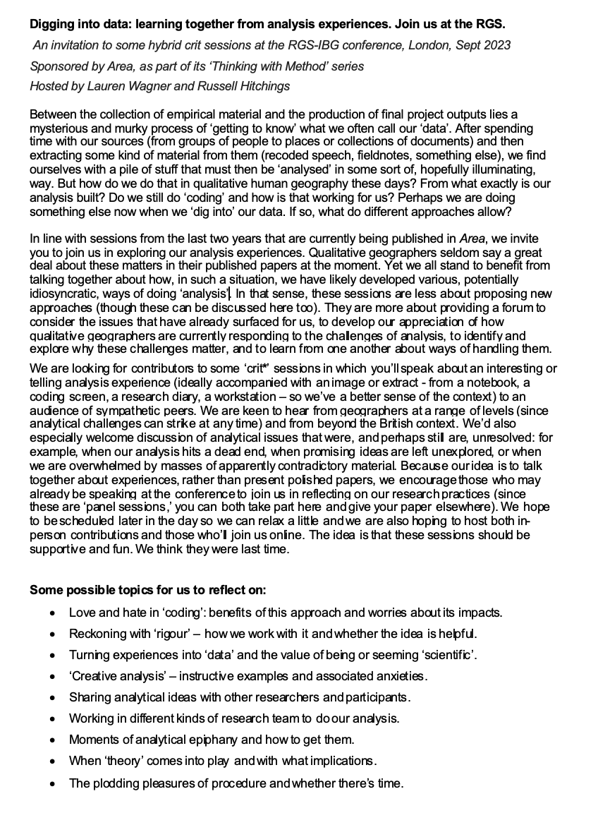 RussHitchings's tweet photo. Hello everyone - we are doing some more fun methods sessions at the RGS this year. This time on 'analysis'. Drop us a line if you are keen. Please do retweet too (sadly, I've not many followers). Thanks! https://t.co/hJNYNdmlA1