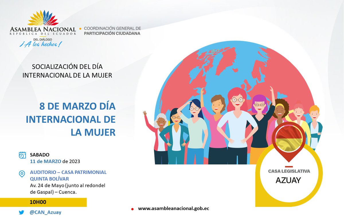La <a href="/AsambleaEcuador/">Asamblea Nacional</a> y la <a href="/P_CiudadanaAN/">Coordinación General de Participación Ciudadana AN</a> con el <a href="/CAN_Azuay/">Casa Legislativa del Azuay</a>,invitan a la socialización del día Internacional de la Mujer 
#DelDialogoALosHechos