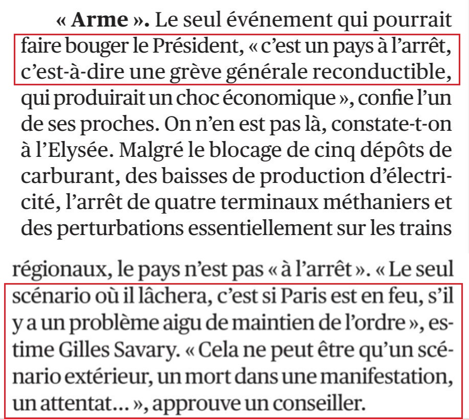 AnonymeCitoyen's tweet photo. Selon un conseiller de l'Elysée, Emmanuel #Macron ne cédera sur la réforme des retraites que face à un "pays a l'arrêt", "si Paris est en feu" ou "un mort dans une manifestation, un attentat..." #NonALaReformeDesRetraites #BlocageDeLaFrance #greve10mars https://t.co/VeEx7K6tIT