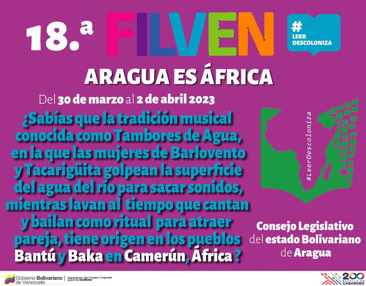 Mppc_Aragua's tweet photo. #ChávezInmortal ¡Restan 20 días para la @filven_cenal #Aragua! Al igual que otras manifestaciones venezolanas, el "Tambor de Agua" pone de relieve la ancestralidad de nuestros orígenes africanos y la fuerza e influencia que han tenido sus raíces en la musicalidad de Venezuela https://t.co/vhDU8o6AaI