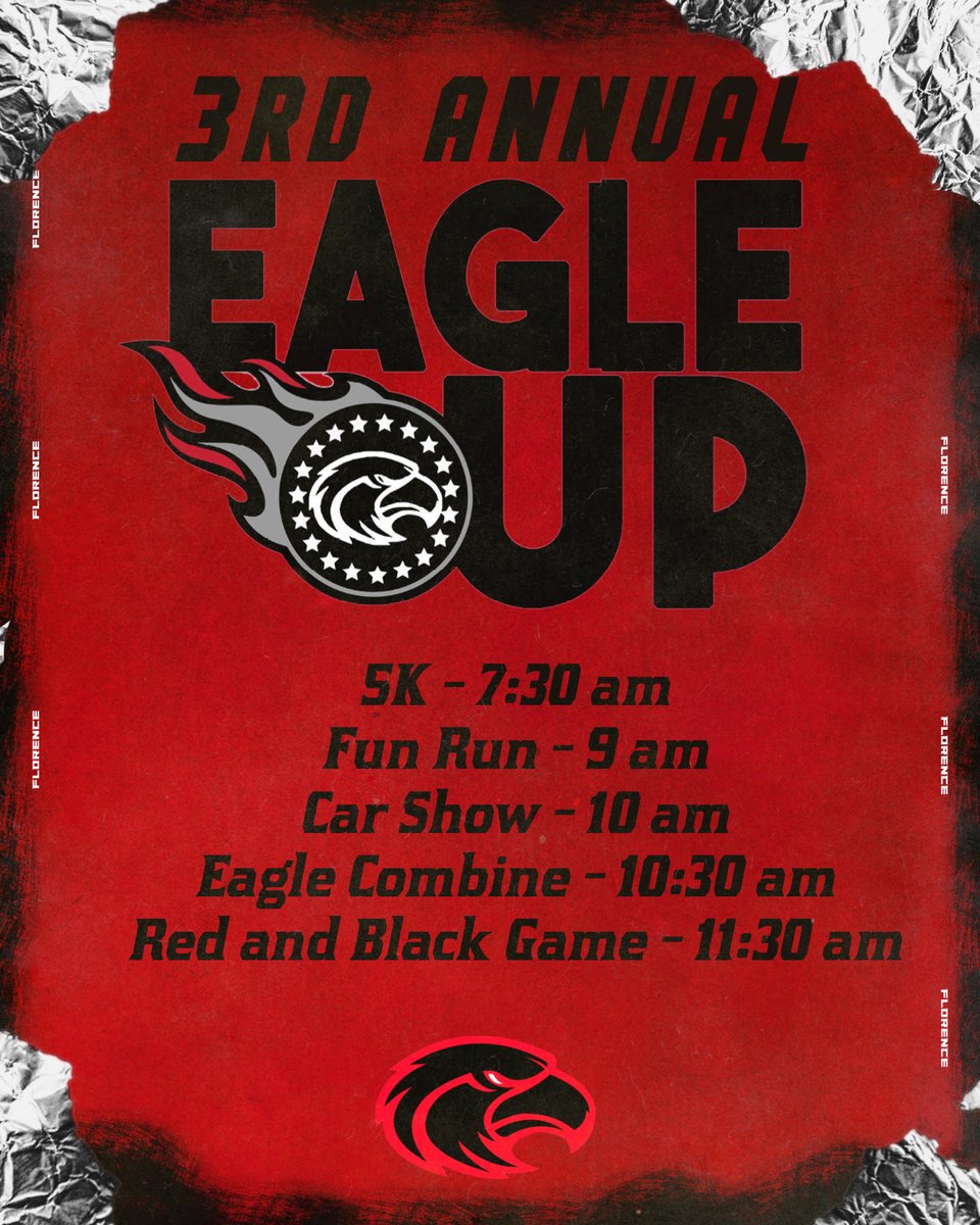 SchoolFlorence's tweet photo. Mark your calendars because Eagle Up is approaching fast! Be on the look out for sign up links in the future! Come out for a great day of events, food, and most importantly good football! #LND https://t.co/odZGjwz76q