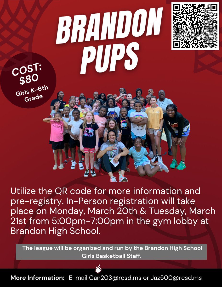 Flyers have been distributed to the Brandon zone elementary schools! Be sure to collect your copy from your kiddos!

Registration can be completed online: forms.gle/brpCLgoLJbn9vN…