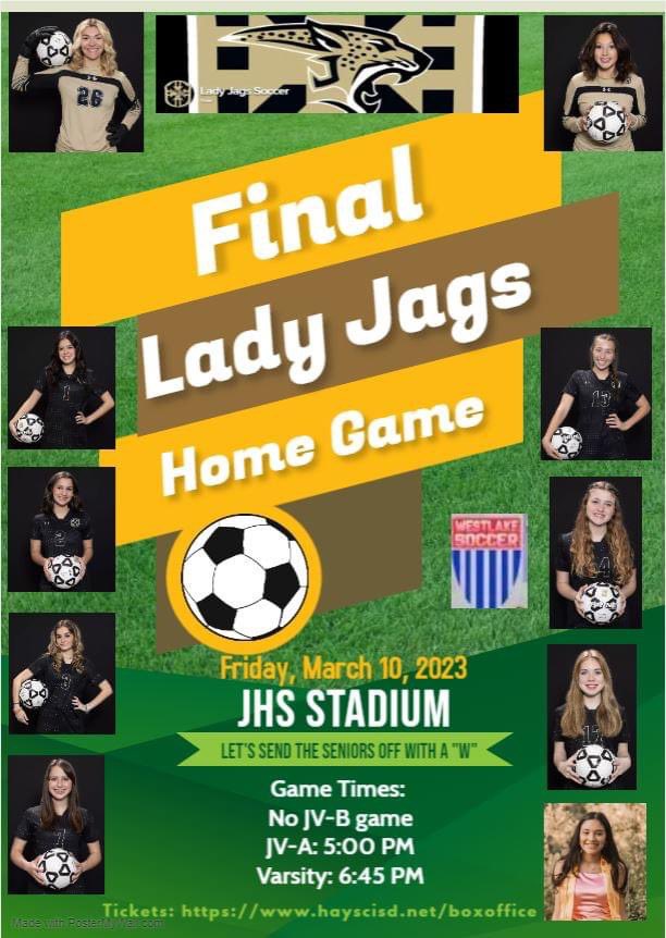 Lady Jags ⚽️ host the Westlake Lady Chaps tonight; final home game for the seniors. Pack the stands!! Concession stand will have CFA sandwiches 🐔<a href="/MikschBrett/">Brett Miksch</a> <a href="/stevehoffman74/">Steve Hoffman</a> <a href="/Coach_Akina/">Ashley Akina</a> <a href="/CoachLMoffett/">Lance Moffett</a> <a href="/DustyGibbs18/">Dusty Gibbs</a> @mdbanning <a href="/LethalSoccer/">Coach Duque</a> <a href="/HaysCISD/">Hays CISD</a> <a href="/LyndsieGlick/">Lyndsie.Glick</a>