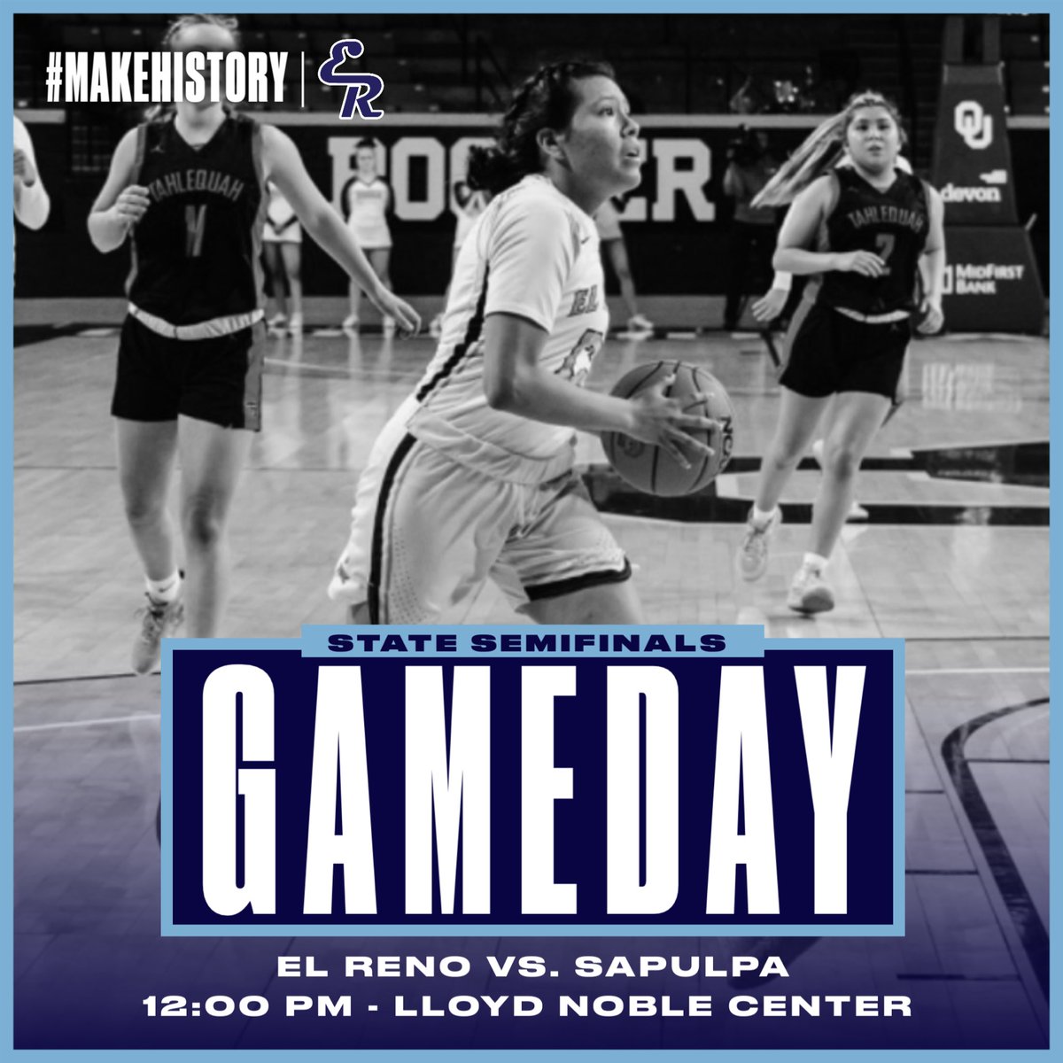 ERLadyIndians's tweet photo. 🏀 STATE SEMIFINALS

🆚 El Reno vs. Sapulpa

⏰ 12:00 pm

📍 Lloyd Noble Center 

🎟 https://t.co/wVi6DU9nPN

📺 https://t.co/VIwRfg8Sb0

📷 @KotaBlickyUh 

#makehistory #reloaded https://t.co/Ok6e2X4KJd