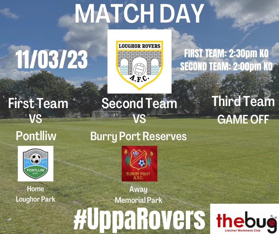 This weekend’s fixtures 🔵⚪️

Our Reserves challenge Burry Port, in the quarter final of the Darch Cup 🏆 As much support as possible will be appreciated 🔵⚪️ 

#UppaRovers