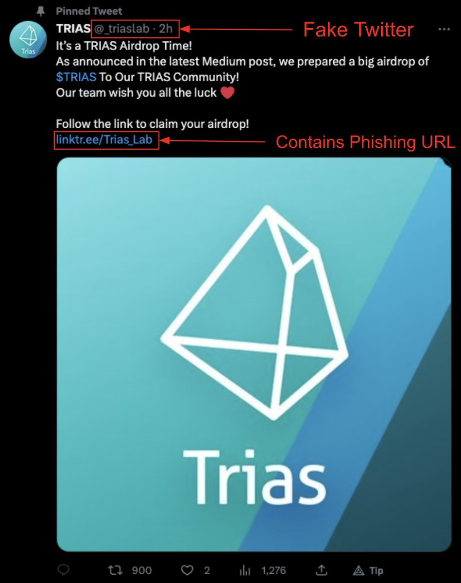 #CertiKSkynetAlert 🚨

Be aware of a fake <a href="/triaslab/">TRIAS</a> Twitter account posting a phishing link.

Do not interact with hxxps://event-trustpade.co/trias-token/
 
URL connects to EOA 0x03499474a491eF05127d8087A227089361BA7303

Stay vigilant!