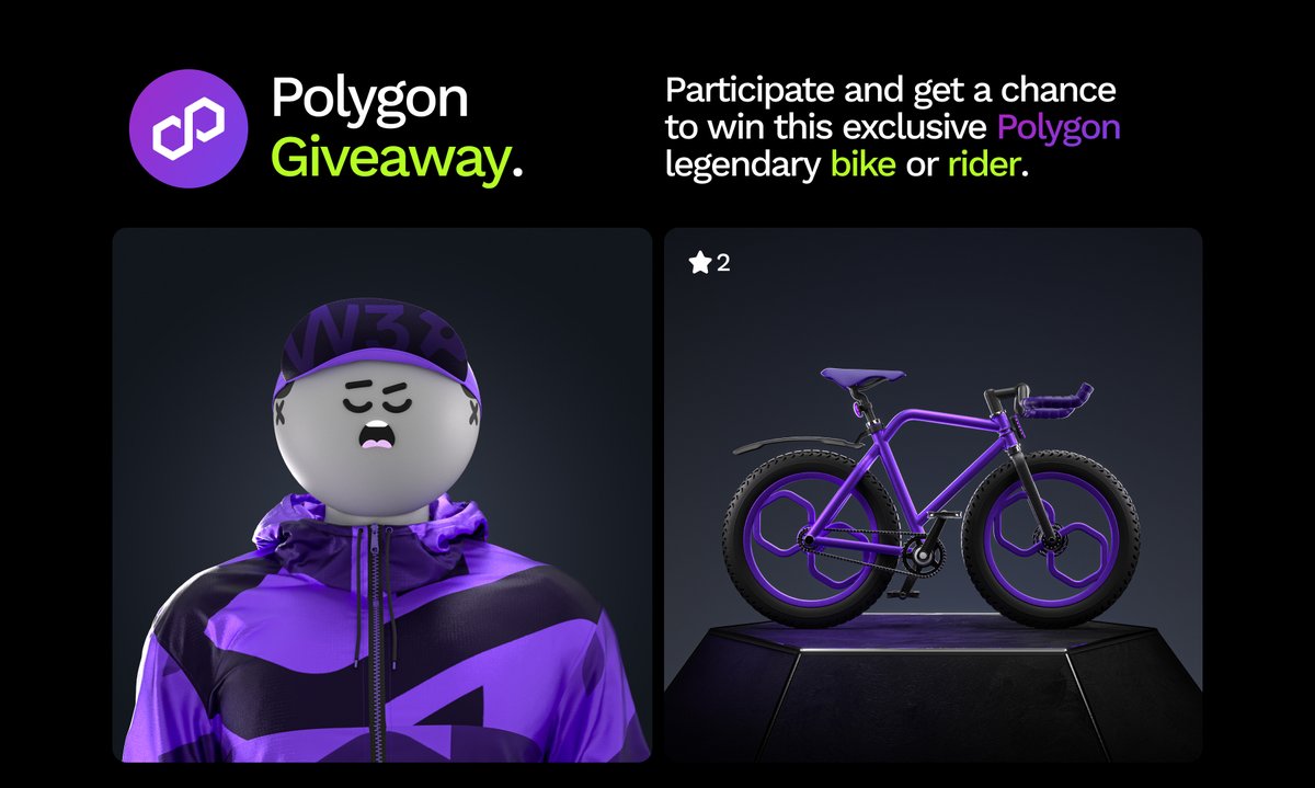 🟣🟣🟣
To celebrate the recent launch on #Polygon, we're organizing a little #Giveaway!

Get a chance to win an exclusive bike or rider!
⚡️Like &amp; Retweet
⚡️Tag 2 friends
⚡️Join the #W3Ride Discord👉bit.ly/3heRdfv

We'll announce the winners on Monday!

#MATIC