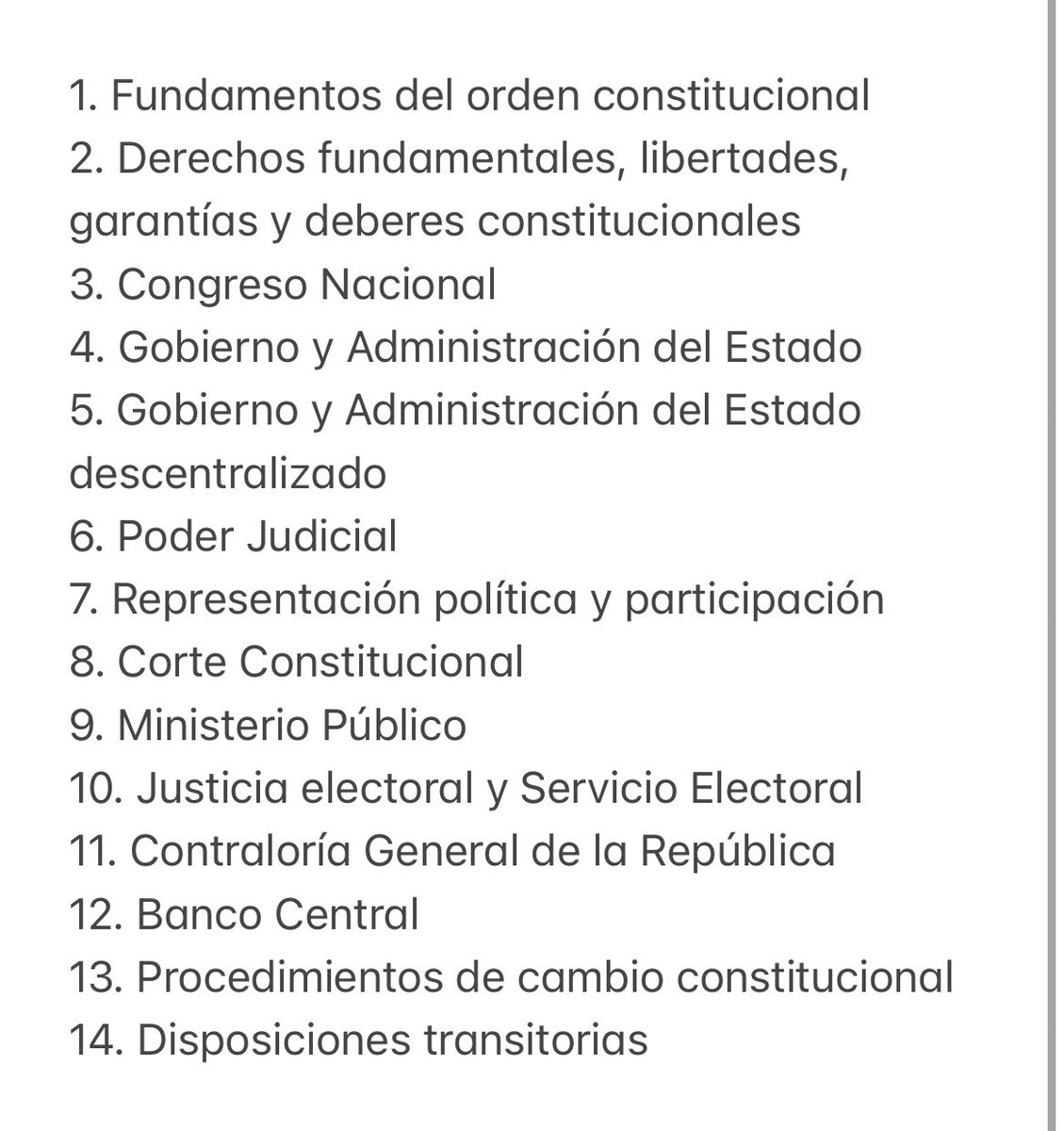 Esta es la propuesta de capítulos que presenta al pleno la mesa y la secretaría de la Comision Experta. Tienen plazo hasta el lunes para presentar indicaciones y el miércoles se votará en el Pleno.

#ProcesoConstitucional