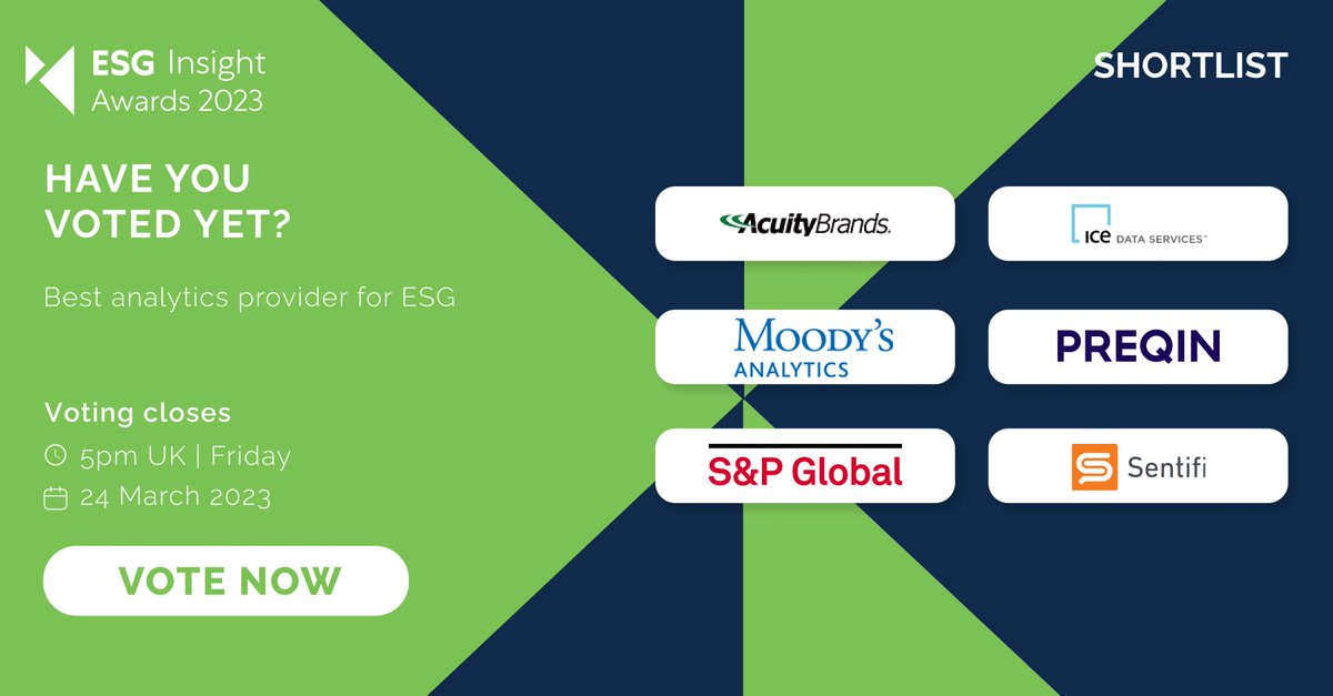 ATeamInsight's tweet photo. Vote now for Best Analytics Provider for ESG in the 2023 ESG Insight Awards!
https://t.co/JOOmNYW5CI
#ESGIawards #ESG #ESGanalytics #analyticsprovider @AcuityBrands @AtriusISG @ICEDataServices @MoodysAnalytics @Preqin @SPGlobal @sentifi https://t.co/TtPZZjaxXb