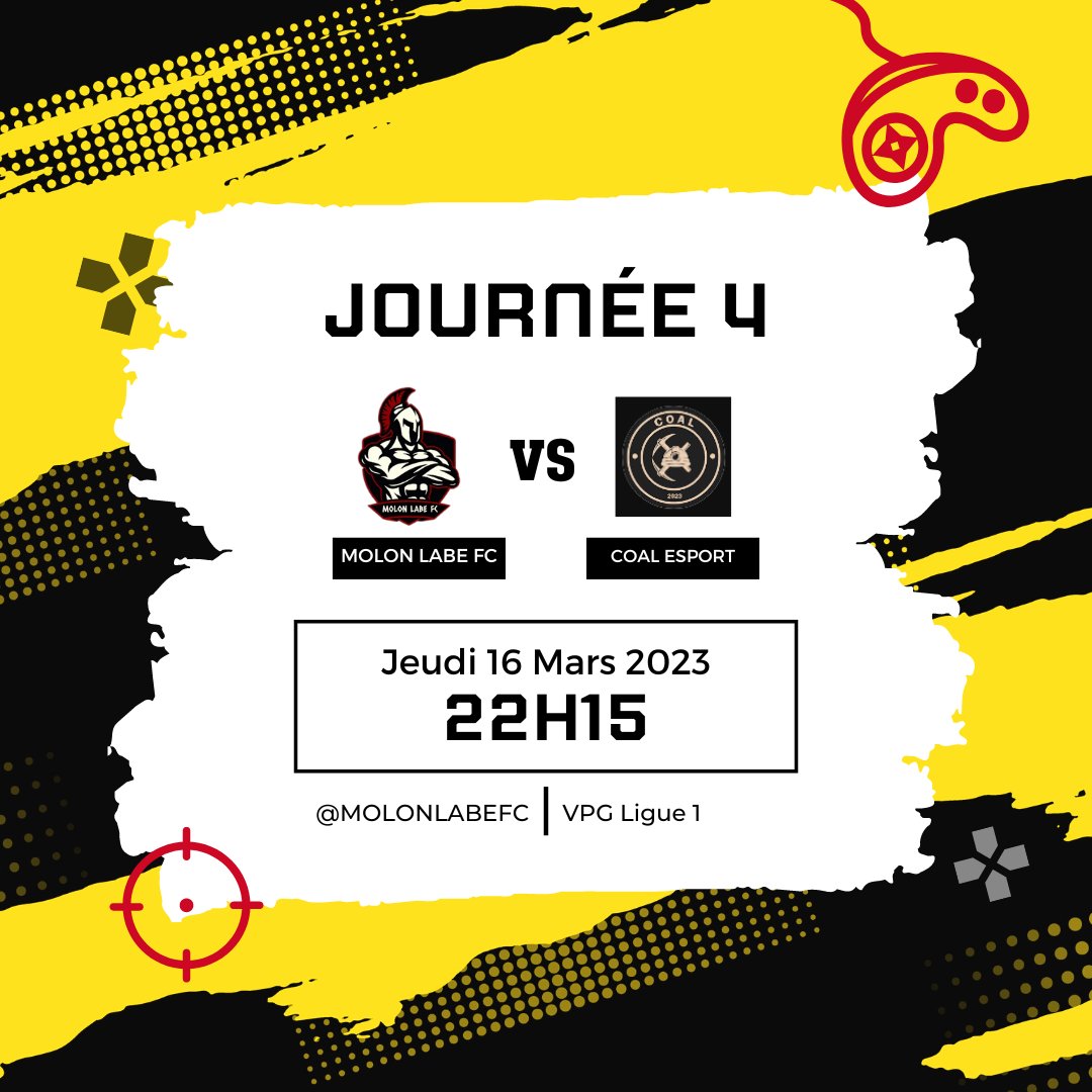 Rendez-vous mardi &amp; jeudi pour les matchs suivants :

MOLON LABE FC vs Itarim Academy ⚔️
MOLON LABE FC vs Coal Esport ⚔️

Retrouvez-nous en direct sur les chaines twitch de RAYANE_IS_HERE &amp; Mango_Milano