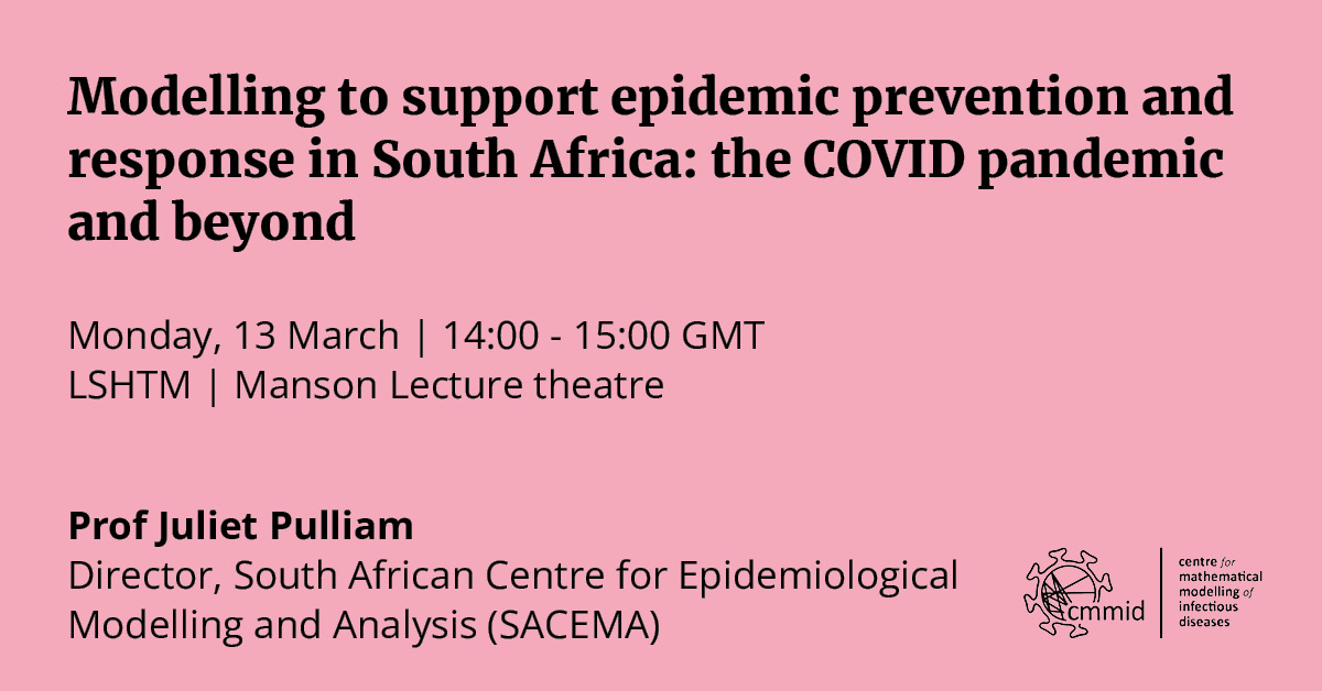 ⏱️Almost time! 

We are delighted today to welcome @SACEMAdirector to speak about work by modelers in 🇿🇦 during #COVID19 

➕New opportunities to support epidemic prevention &amp; response  

🗓️13 March 
⏰14:00 - 15:00 GMT 
📍LSHTM | online 
👉 bit.ly/3ZVp5hS