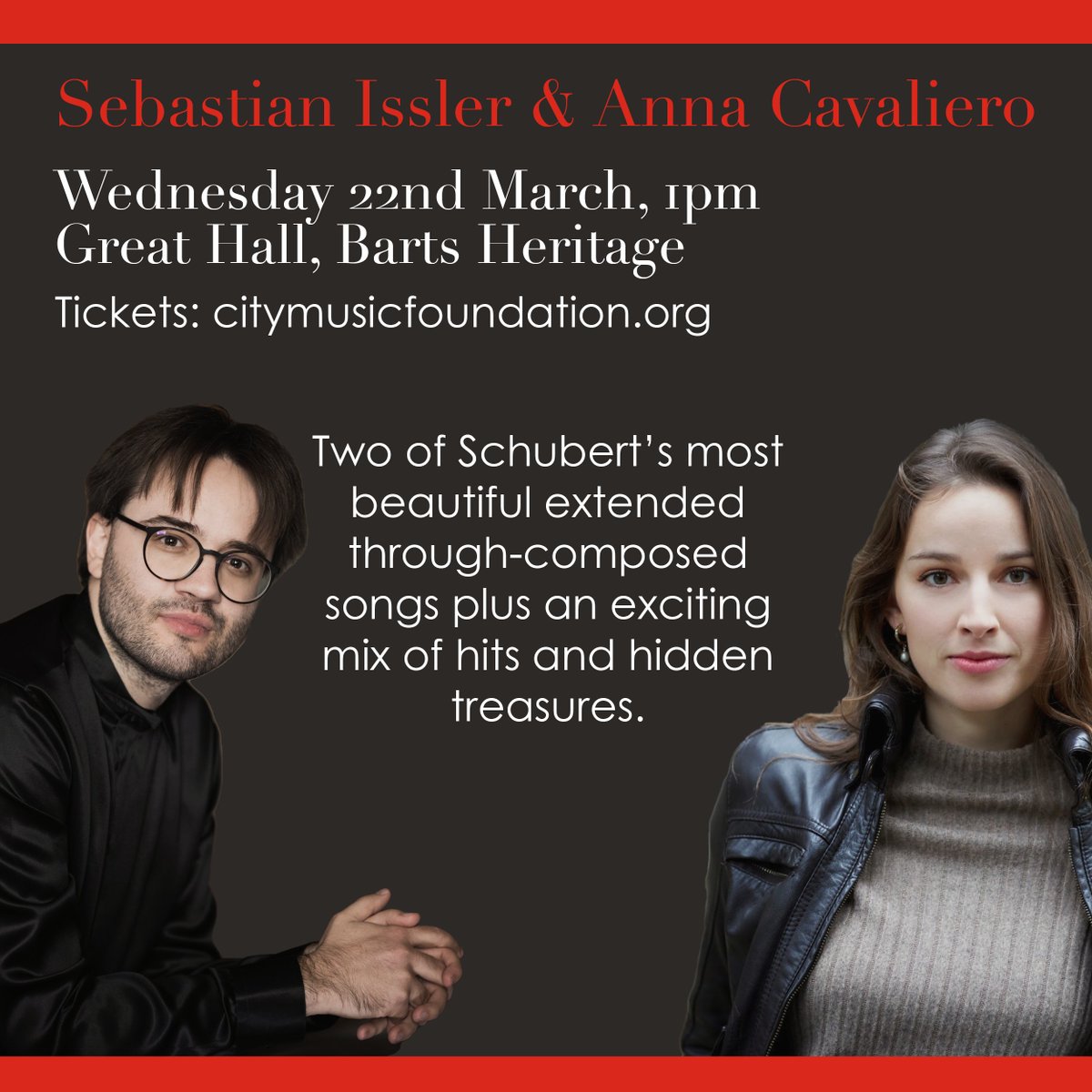 Up next in our lunchtime concert series at <a href="/BartsHeritage/">Barts Heritage</a>: #SebastianIssler and <a href="/AnnaCavaliero/">Anna Cavaliero</a> will perform a gorgeous programme including #Schubert songs.
Wednesday 22 March, 1pm
Great Hall, North Wing @BartsHospital 
Book now: citymusicfoundation.org/product/events…