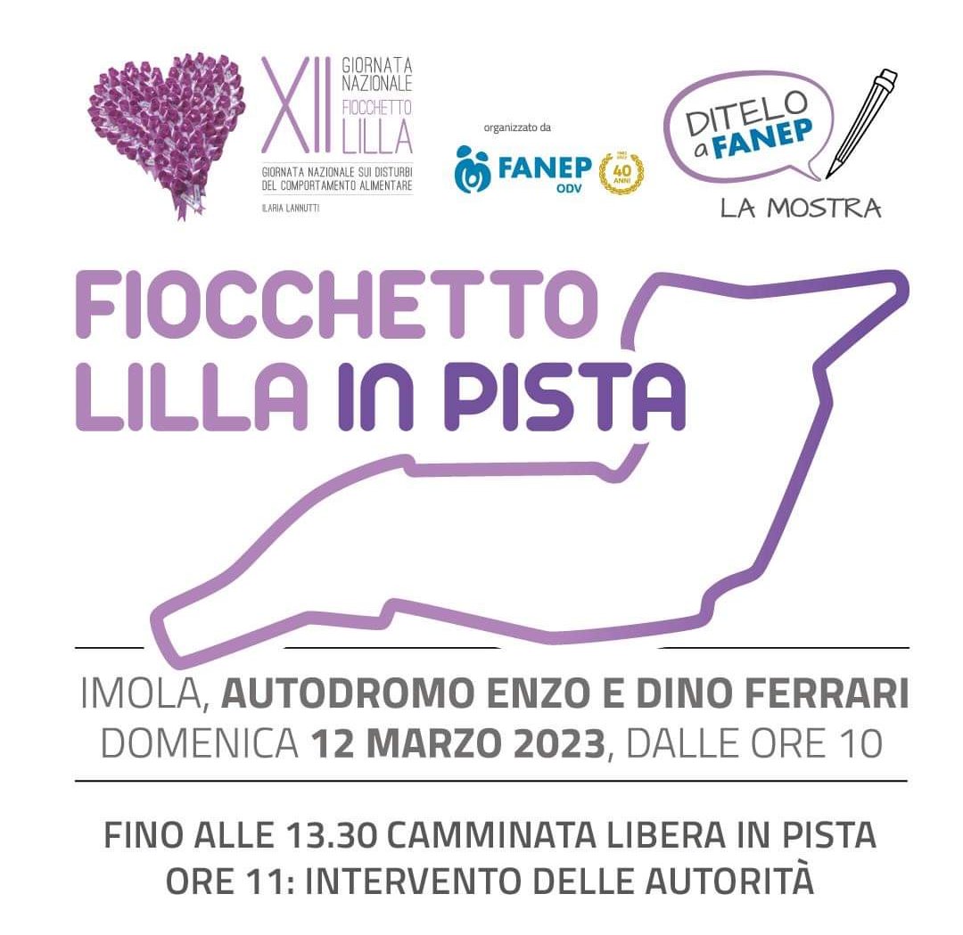 fanep_onlus's tweet photo. In cammino il #12marzo vi aspettiamo all'Autodromo Enzo e Dino Ferrari di Imola aperto per noi per il "Fiocchetto Lilla in pista" simbolo dell'impegno nella lotta ai disturbi della nutrizione e alimentazione.
#fanep #dca #dna #autodromoimola #disturbialimentari #fiocchettolilla https://t.co/x0CUhLW6b0