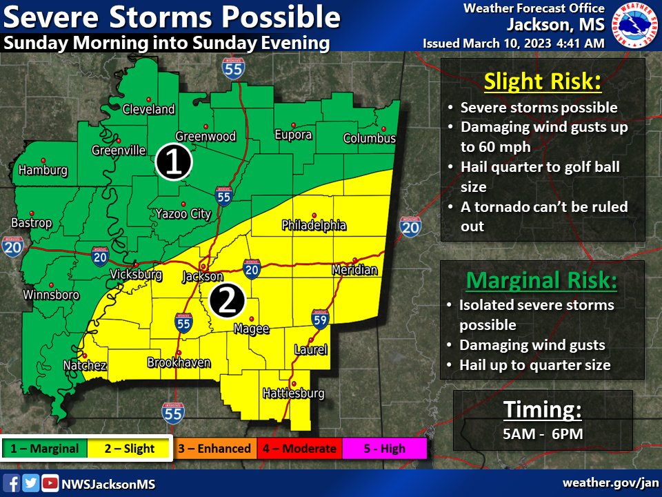 We now have a more honed in forecast for the possible severe storms Sunday. It is likely to be more severe in areas south and east and primary threats look to be strong winds and large hail, however a tornado cannot be ruled out. Stay tuned for future updates.