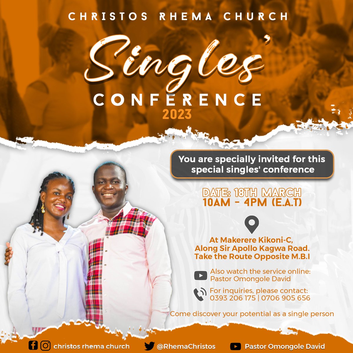 KigunduStuart6's tweet photo. SINGLES' CONFERENCE
The singles' conference is here! 🥳🥳
Are you single or married but a minister? 

Join us on 18th March, at CRC in Makerere Kikoni C

Come and get enlightened on how to live an enjoyable single life / how to minister to or with the single people 

Miss not! https://t.co/qvHgihA606