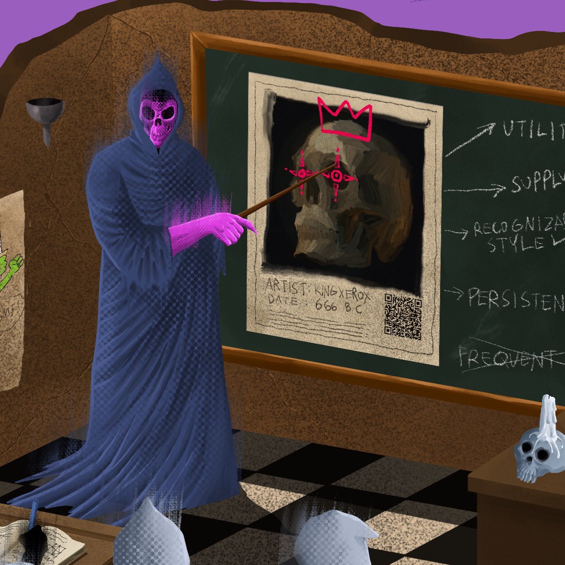 burritomobilemx's tweet photo. Crypto Art 101: owned by @1xharsh

A classroom full of KX's trademarked anon ghouls learning 101s of launching art.

Psst... there's an NFT within this NFT!

Loving the details in the BG:
Utility?
Supply?
Recognizable Style?
Persistence?
Frequent OE ❌ https://t.co/ortBM5cAet