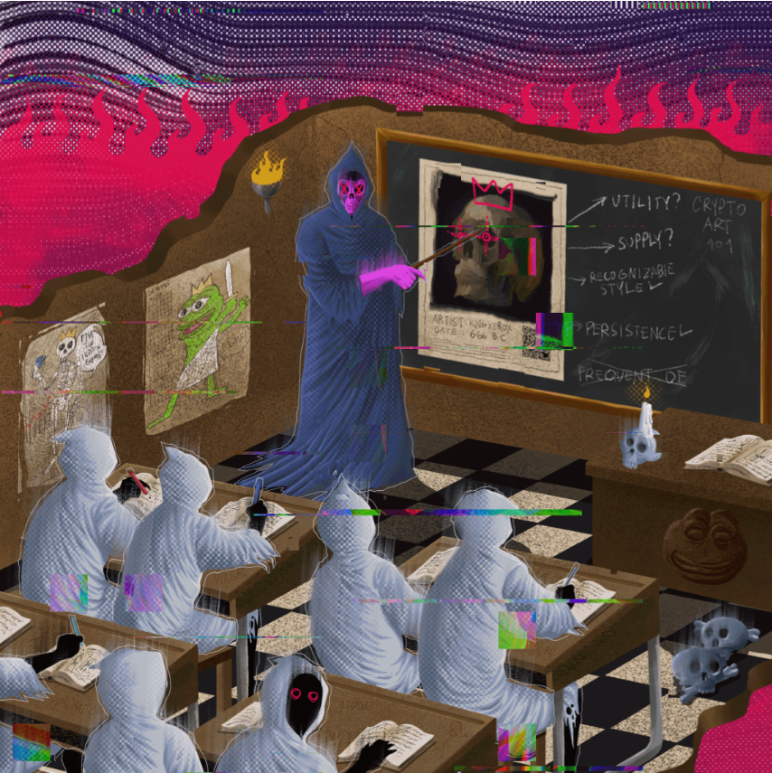 burritomobilemx's tweet photo. Crypto Art 101: owned by @1xharsh

A classroom full of KX's trademarked anon ghouls learning 101s of launching art.

Psst... there's an NFT within this NFT!

Loving the details in the BG:
Utility?
Supply?
Recognizable Style?
Persistence?
Frequent OE ❌ https://t.co/ortBM5cAet