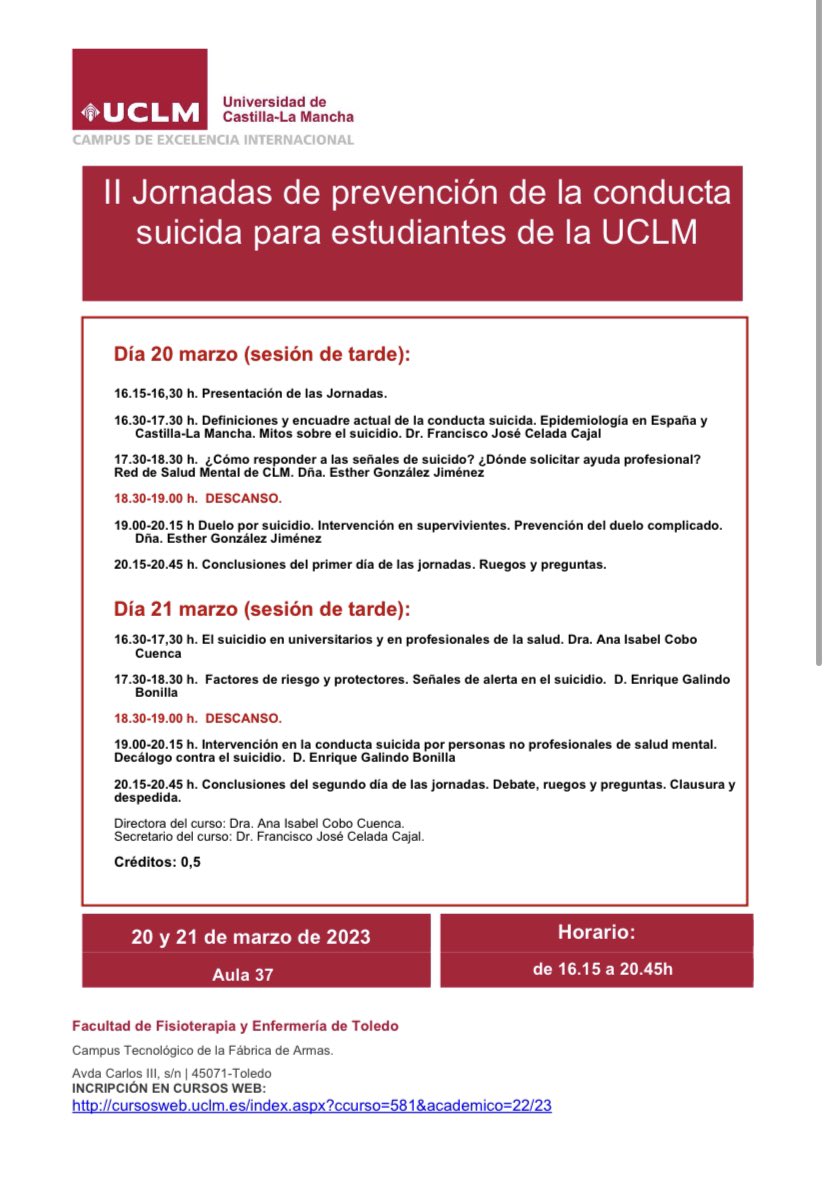 Los próximos 20 y 21 de marzo de 2023 desde <a href="/Fafeto_UCLM/">Facultad Fisioterapia y Enfermería (UCLM)</a> los prof <a href="/pacomailkickfre/">FJCC🎗️</a> y <a href="/anaicobo/">Ana Cobo</a> vamos a realizar las 2 Jornadas de prevención de conducta suicida #stopsuicidios <a href="/UCLMdivulga/">UCLMdivulga</a>