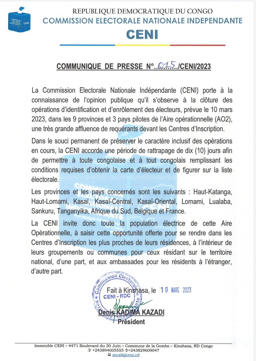 cenirdc's tweet photo. COMMUNIQUÉ DE PRESSE | N°015/CENI/2023.
La CENI prolonge l'opération d'identification et d'enrôlement des électeurs dans l'aire opérationnelle 2 (AO2). https://t.co/FE1TvIRGbs