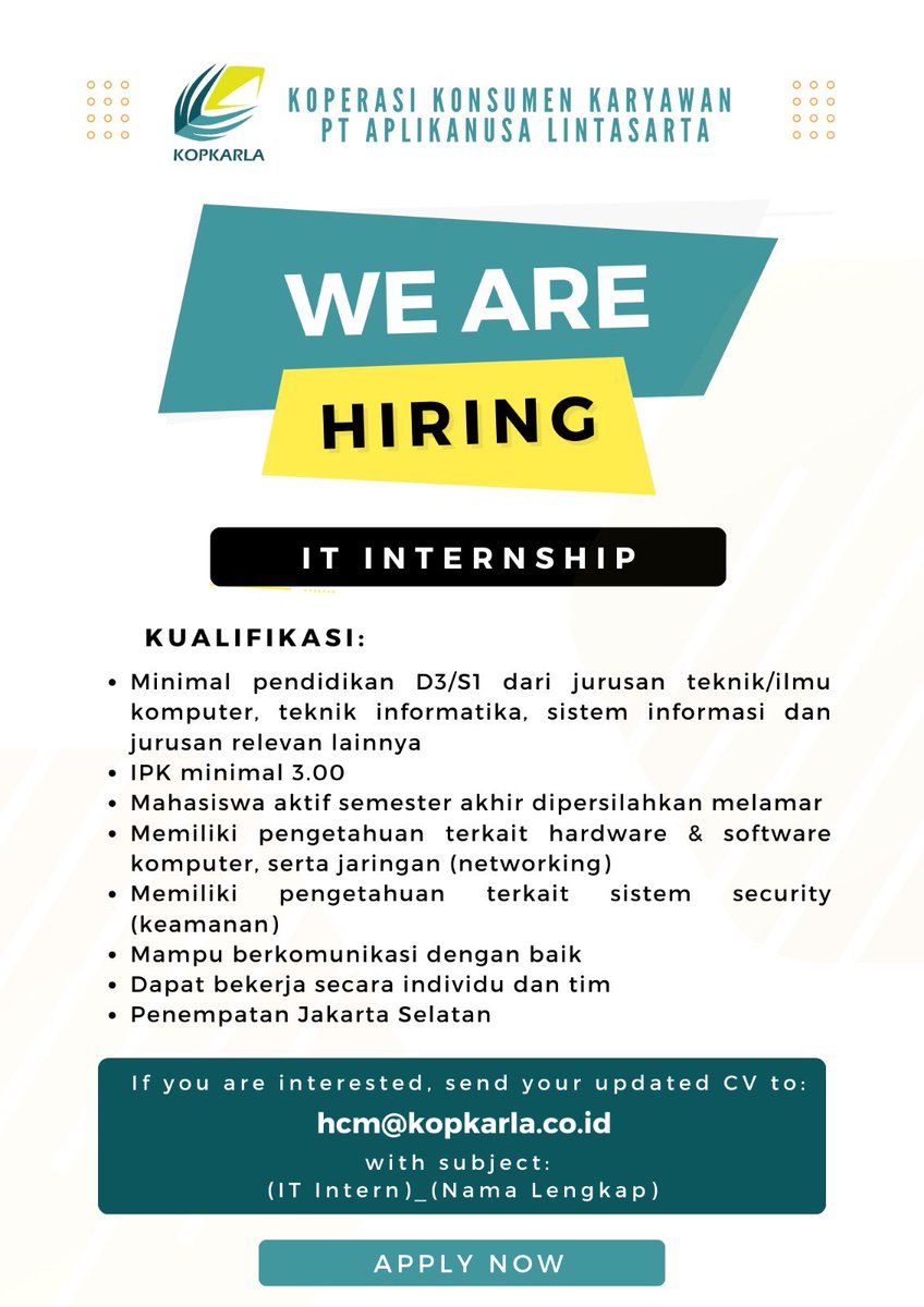 irvinafiradila's tweet photo. ✨We are #HIRING!✨
💼 IT Intern at Koperasi Konsumen Karyawan PT Aplikanusa Lintasarta
📍Jakarta Selatan

#lokerjkt #lowongankerja #itintern #internship #lokercot @lokercot @hrdbacot @ezash @karirfess @jktkerja @lokerjktinfo https://t.co/O6aHLHaEbW