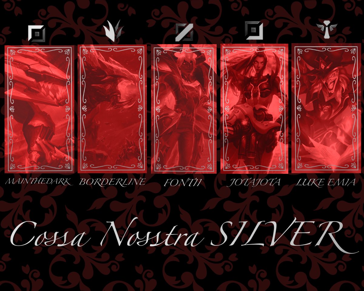 CossaN0sstra's tweet photo. Y finalmente, llega el turno de presentar a los chicos de Cossa Nosstra Silver.

Una cálida bienvenida a;

TOP: @VictorPuig8 
JGL: #Bordi 
MID: @fontii99 
 ADC: @JotaJ_07 
 SUPP: @el_tiburao 

Cossa Nosstra è arrivata a dominare il amateur. https://t.co/ta42bg1nwI