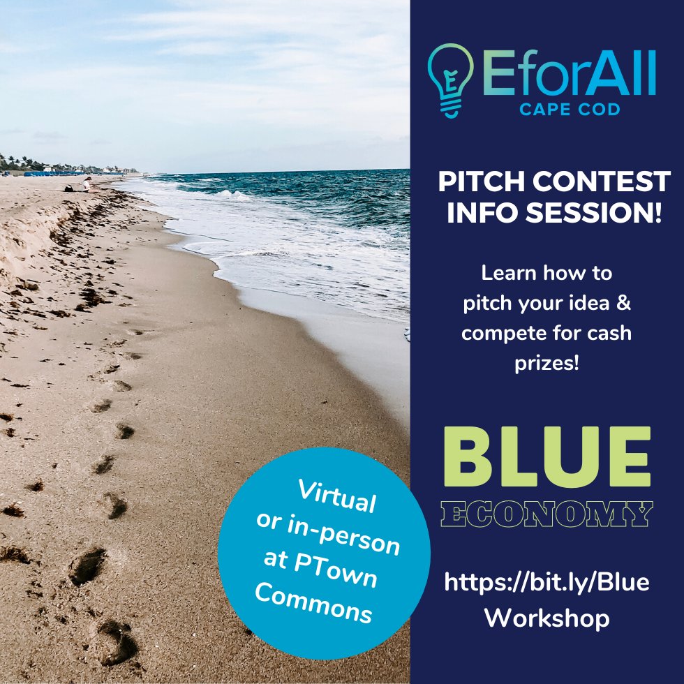 Eforallcapecod's tweet image. Got an idea that involves the ocean, the coast or marine life? We want to train you to pitch your idea for money! We will hold three training sessions in person at Provincetown Commons. Virtual sessions are also available. Sign up to learn more!
