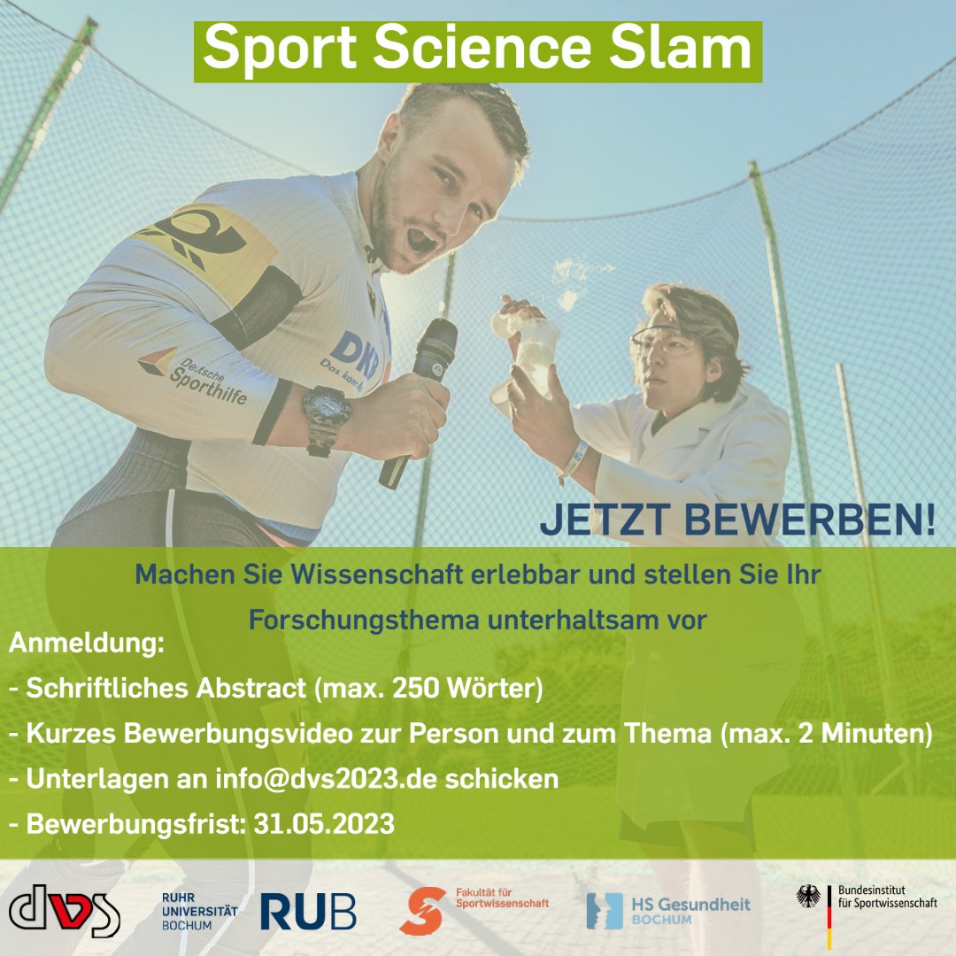 Sport Science Slam 🎙️
Lust das eigene Forschungsthema unterhaltsam vorzustellen? Dann bewerben Sie sich für den Sport Science Slam! Dieser wird am 20.09.23 im Audimax der @HochschuleG stattfinden. Wir freuen uns auf viele kreative Bewerbungen!
#hochschultag2023 #dvs #scienceslam