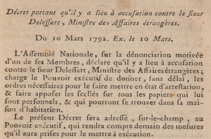 1792_1815's tweet photo. 10 mars 1792 Mise en accusation par la #Législative de Valdec de #Lessart, ministre des Affaires Étrangères, coupable de ne pas avoir averti de la coalition en formation contre la France par la Prusse et l’Autriche. De Lessart sera assassiné le 9 septembre 1792 à Versailles. https://t.co/Yj4hpWZW7b