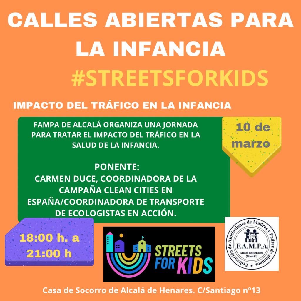 Esta tarde en la Casa de Socorro de la calle Santiago, el impacto del tráfico en la salud de la infancia. 
Organiza: ⁦<a href="/FAPAlcala/">FAMPA Alcalá de Henares</a>⁩ 
De 18h a 21h
#StreetsForKids