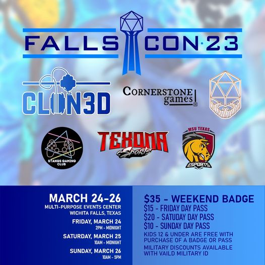 FallsCon's tweet photo. FallsCon Gaming Convention is March 24-26 at the Wichita Falls MPEC! Thanks so much to our Sponsors and Partners who have helped make this event possible!
@Texoma_eSports
@esportsmsutexas
#fallscon #gamingconvention #boardgames #esports #tabletopgaming https://t.co/enqRW7G0EN
