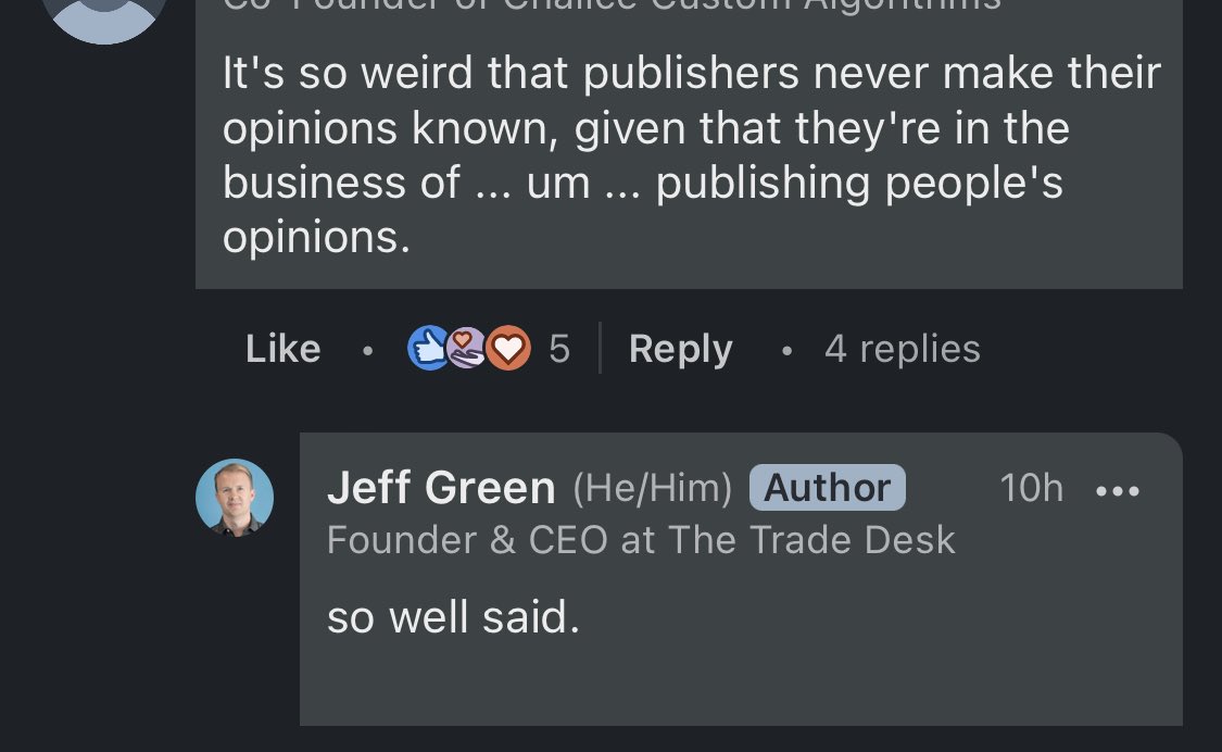 On TTD's OpenPath: Jeff Green seems unfazed by publisher concerns. He launched his own adtech pub, The Current, to promote TTD's POVs with no filters. He has been clear TTD's main goal is to assist buyers. Why wouldn’t publishers, who’ve been burned so many times, be skeptical?