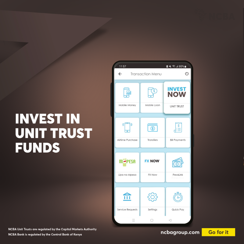 NCBABankKenya's tweet photo. Invest in unit trust funds today through the NCBA Now App!

With the NCBA Now app gives you can open a unit trust fund account, create sub-portfolios, initiate top-up transfers and withdrawals, and access your recent transaction history. 

Download or update the app below.