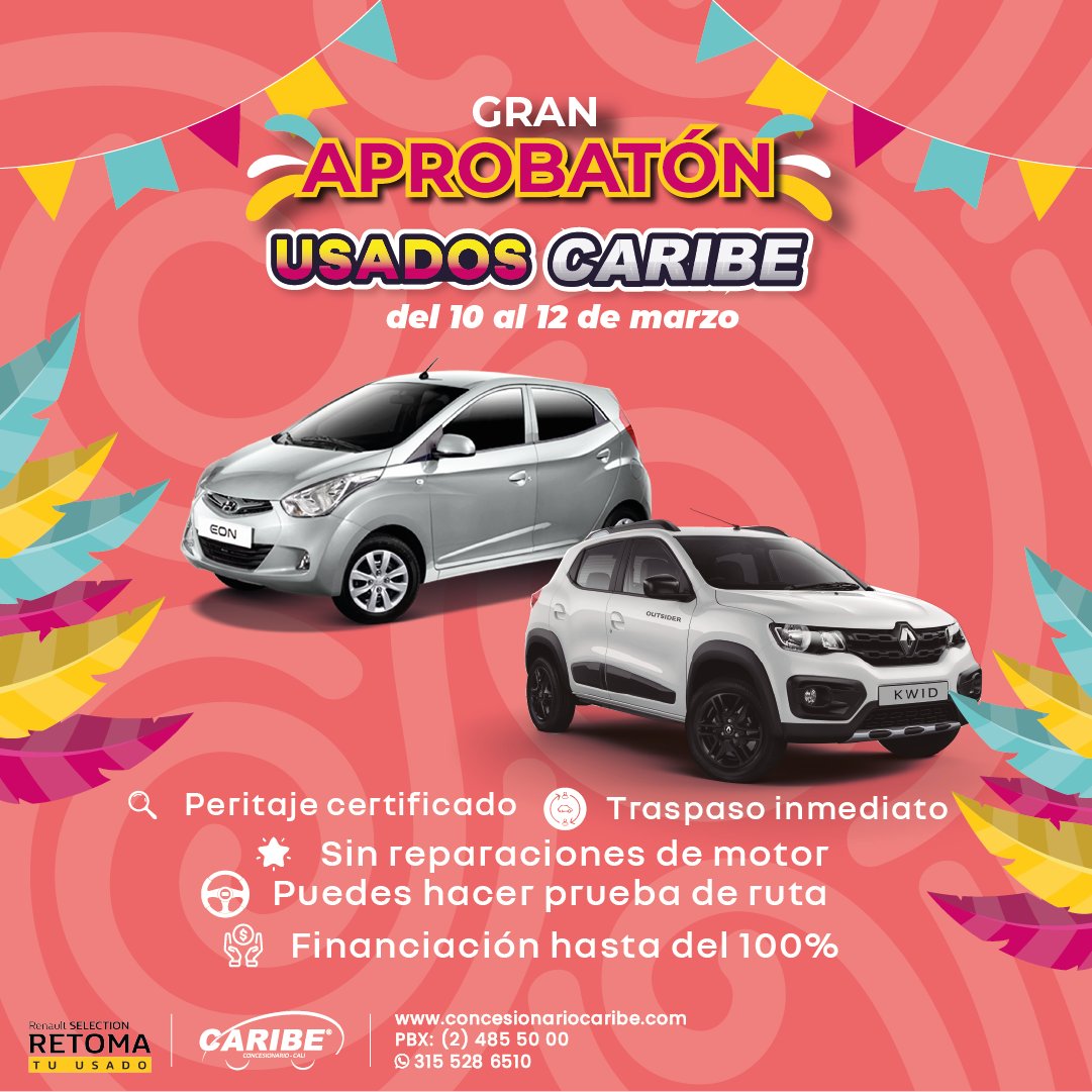 CaribeRenault's tweet image. Te esperamos a nuestra gran aprobatón usados Caribe, te esperamos hoy 10 al 12 de marzo para que estrenes el vehículo de tus sueños
Web: ow.ly/wNPi50KMRi8
PBX: 485 50 00
WhatsApp: 315 528 65

#CaliCo #Multimarca #BUGAVALLE #marzo #jamundí #Renault #Cali #CaliesCali #Buga